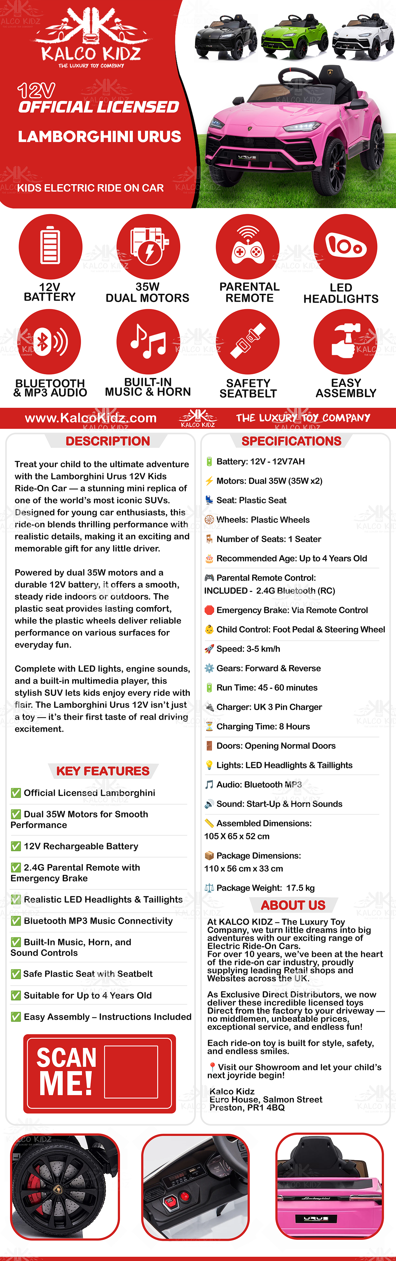 LAMBORGHINI URUS - Black | 12V | Bluetooth Audio | Parental RC