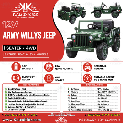 ARMY WILLY JEEP - Green | 12V | Leather Seat | EVA Wheels | Parental RC
