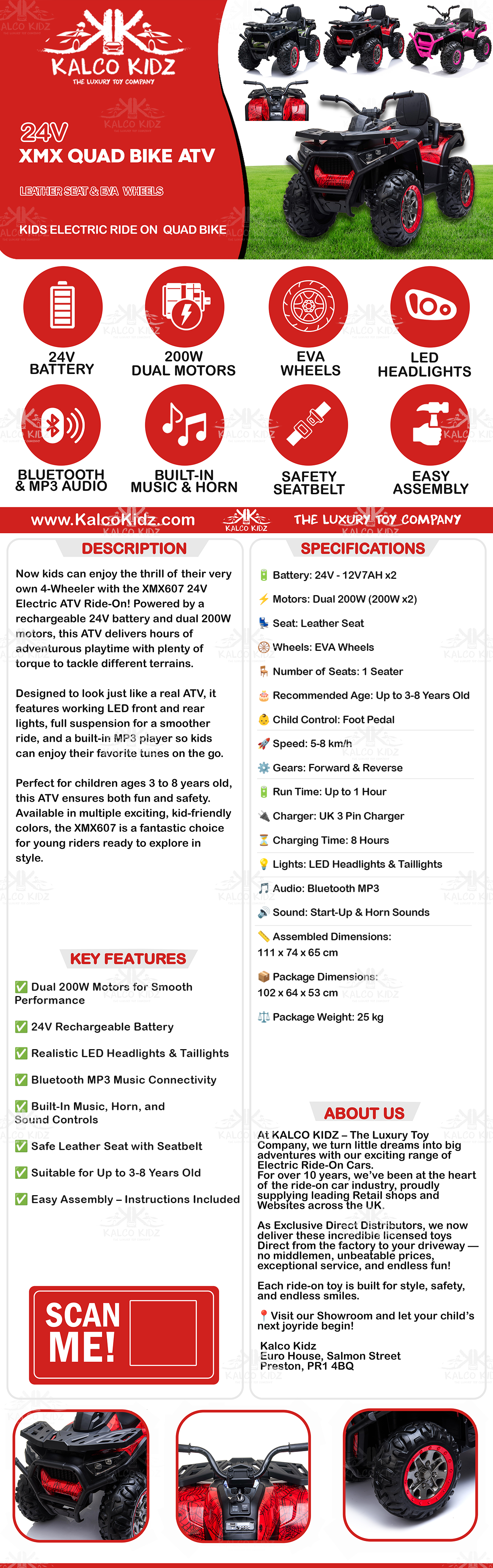 XMX QUAD BIKE ATV - Pink | 24V | Leather Seat | EVA Wheels