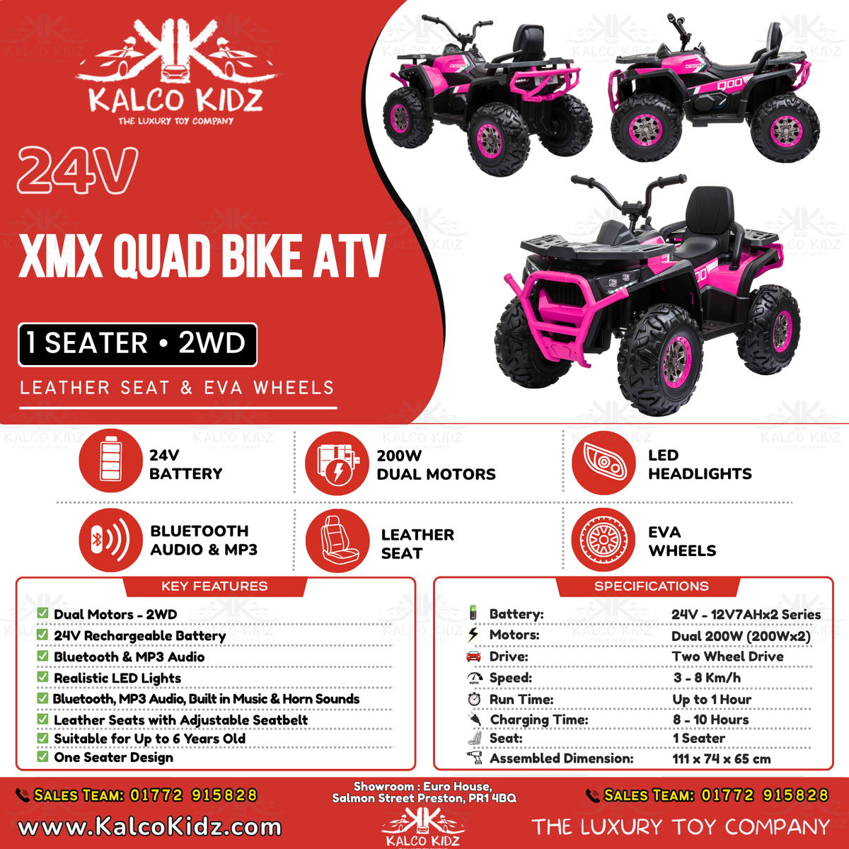 XMX QUAD BIKE ATV - Pink | 24V | Leather Seat | EVA Wheels