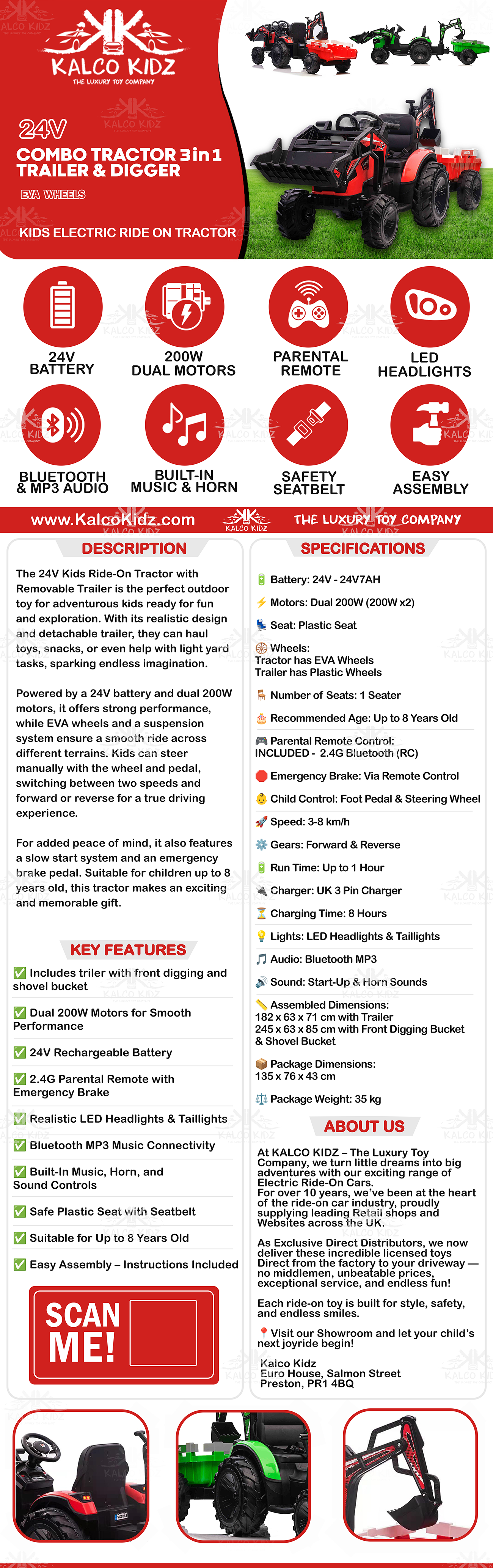 COMBO TRACTOR 3 IN 1 - Green | 24V | Bluetooth Audio | EVA Wheels | RC